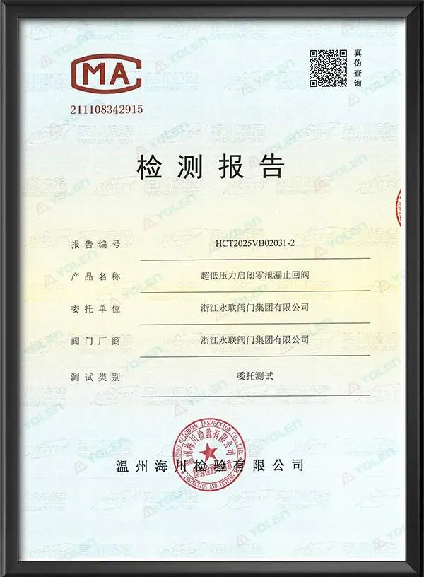 超低压力启闭零泄漏止回阀检测报告